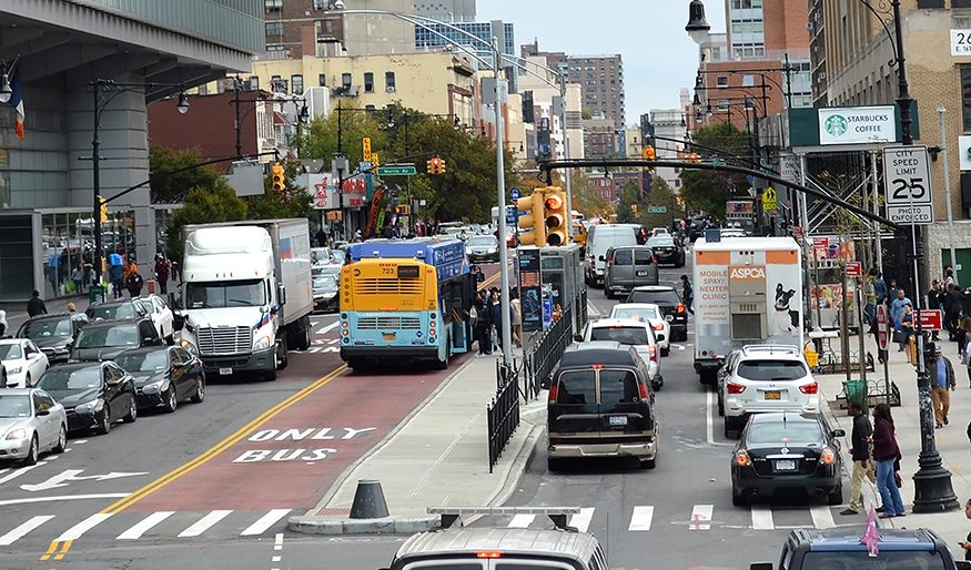 View of a street with a center running bus lane