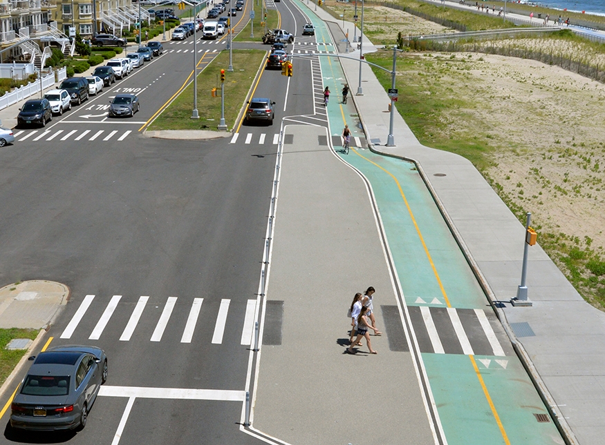 Aerial view of two way protected bike lane