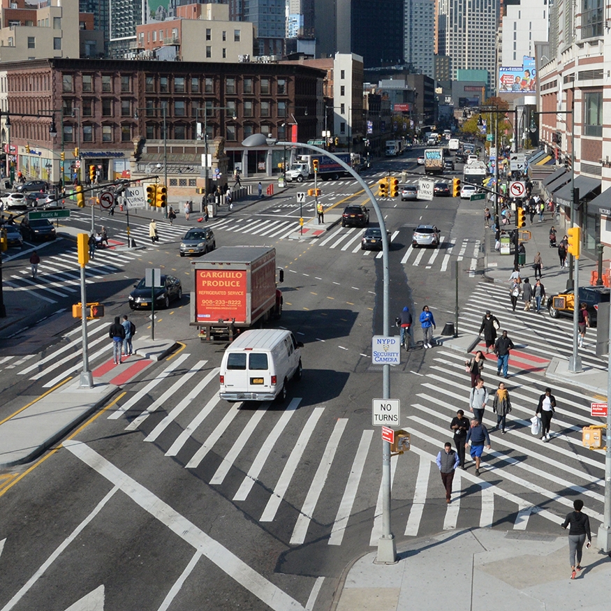 Aerial view of busy intersection